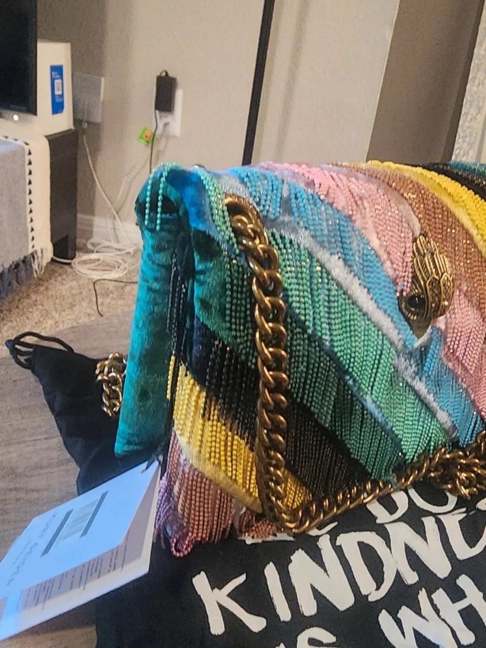 Kurt Geiger Multicolor Beaded Shoulder Bag with Gold Chain.missing Beads